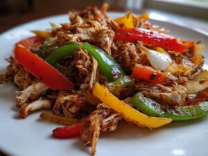 Close-up of shredded crockpot chicken fajitas mixed with colorful strips of red, green, and yellow bell peppers and onions.