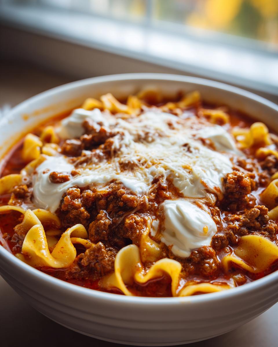 Close-up of a white bowl filled with rich crockpot lasagna soup, featuring wide noodles, meaty sauce, dollops of ricotta, and grated cheese.