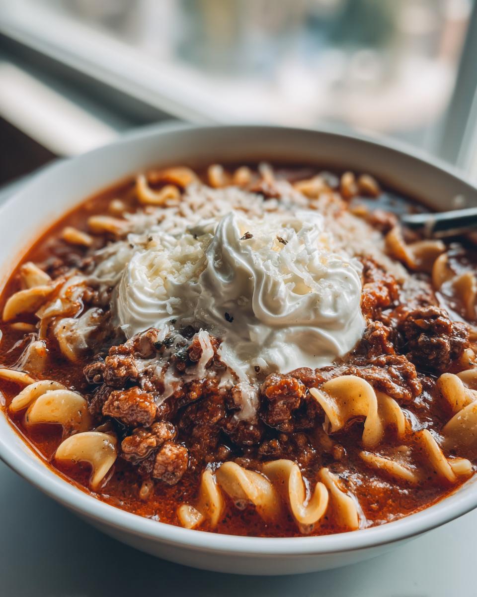 Close-up of a hearty bowl of crockpot lasagna soup topped with a dollop of ricotta and grated Parmesan cheese.
