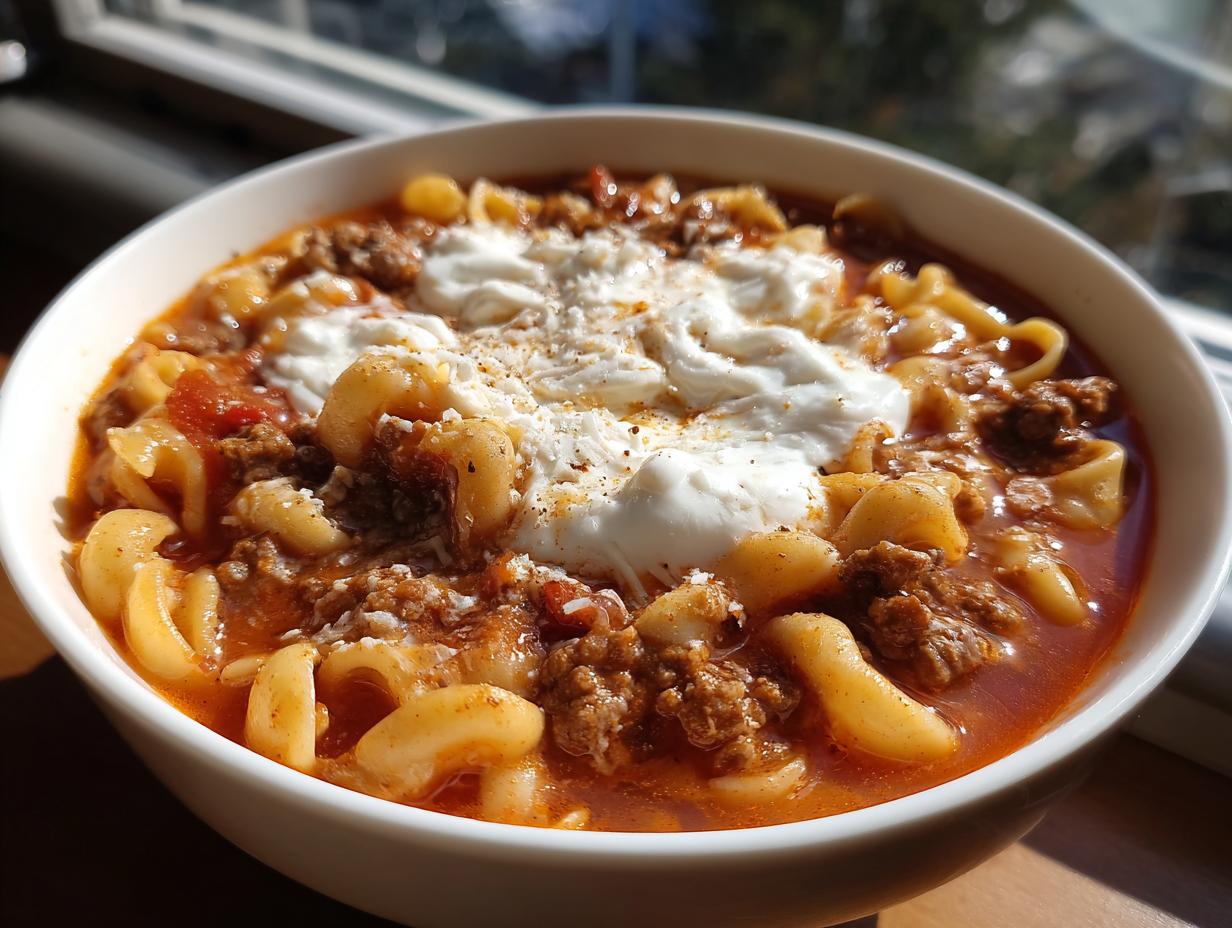 A close-up of a white bowl filled with rich crockpot lasagna soup, featuring pasta, meat sauce, and a dollop of ricotta cheese.