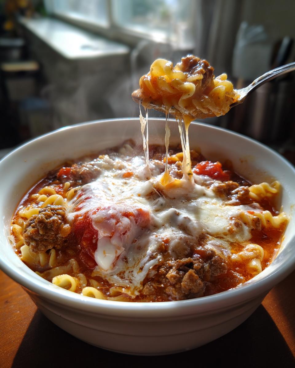 A spoonful of hot crockpot lasagna soup showing melted cheese strings being lifted from a white bowl.
