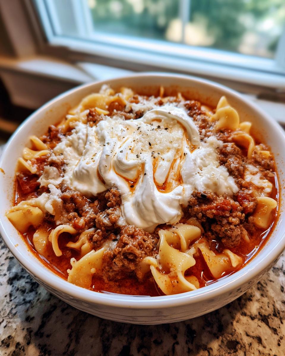 A close-up of a bowl of rich crockpot lasagna soup topped with dollops of ricotta cheese, Parmesan, and black pepper.