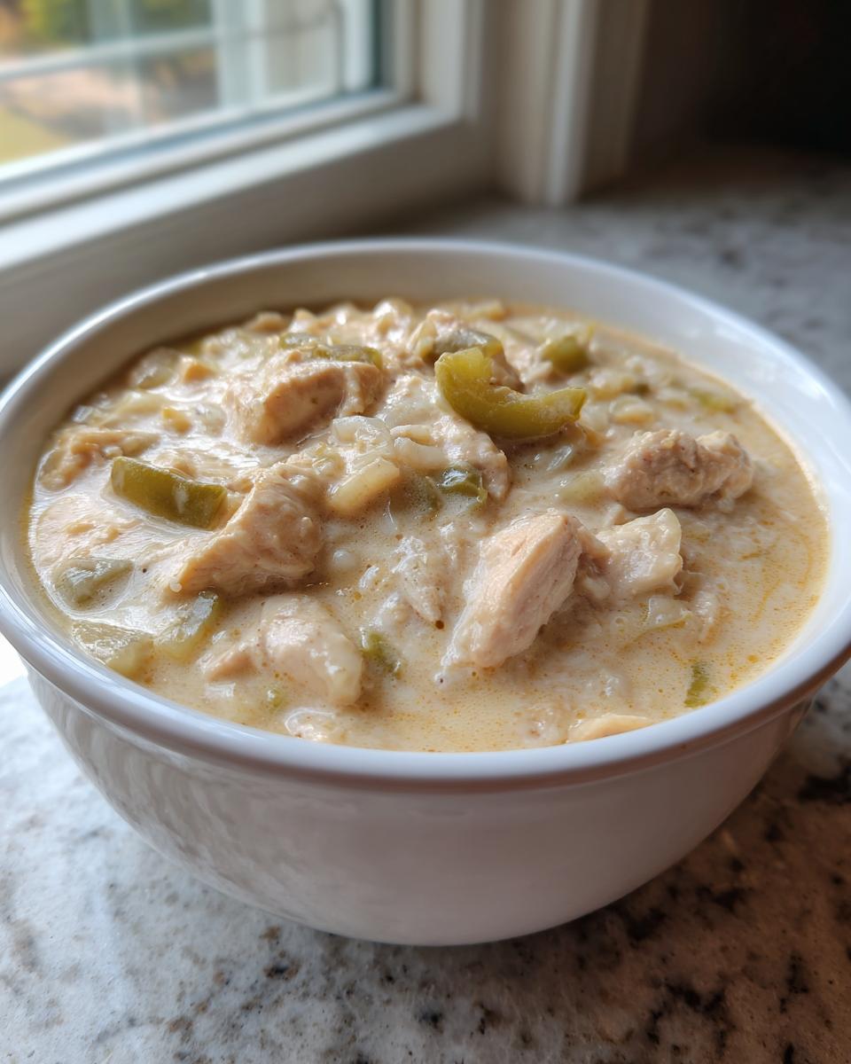 Close-up of a white bowl filled with creamy crockpot white chicken chili featuring chunks of chicken and green chilies.