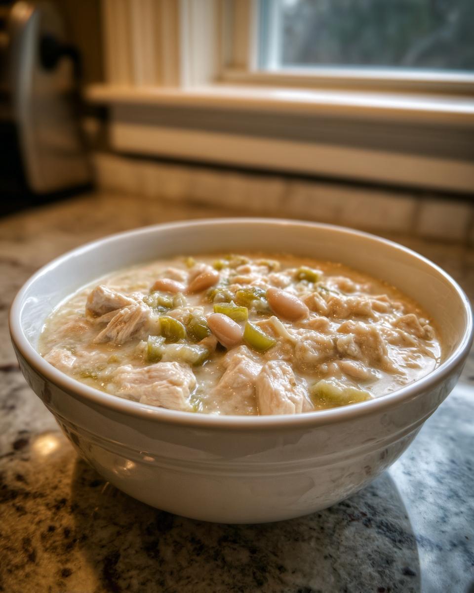 A close-up of a white bowl filled with creamy crockpot white chicken chili, showing shredded chicken, white beans, and green chilies.