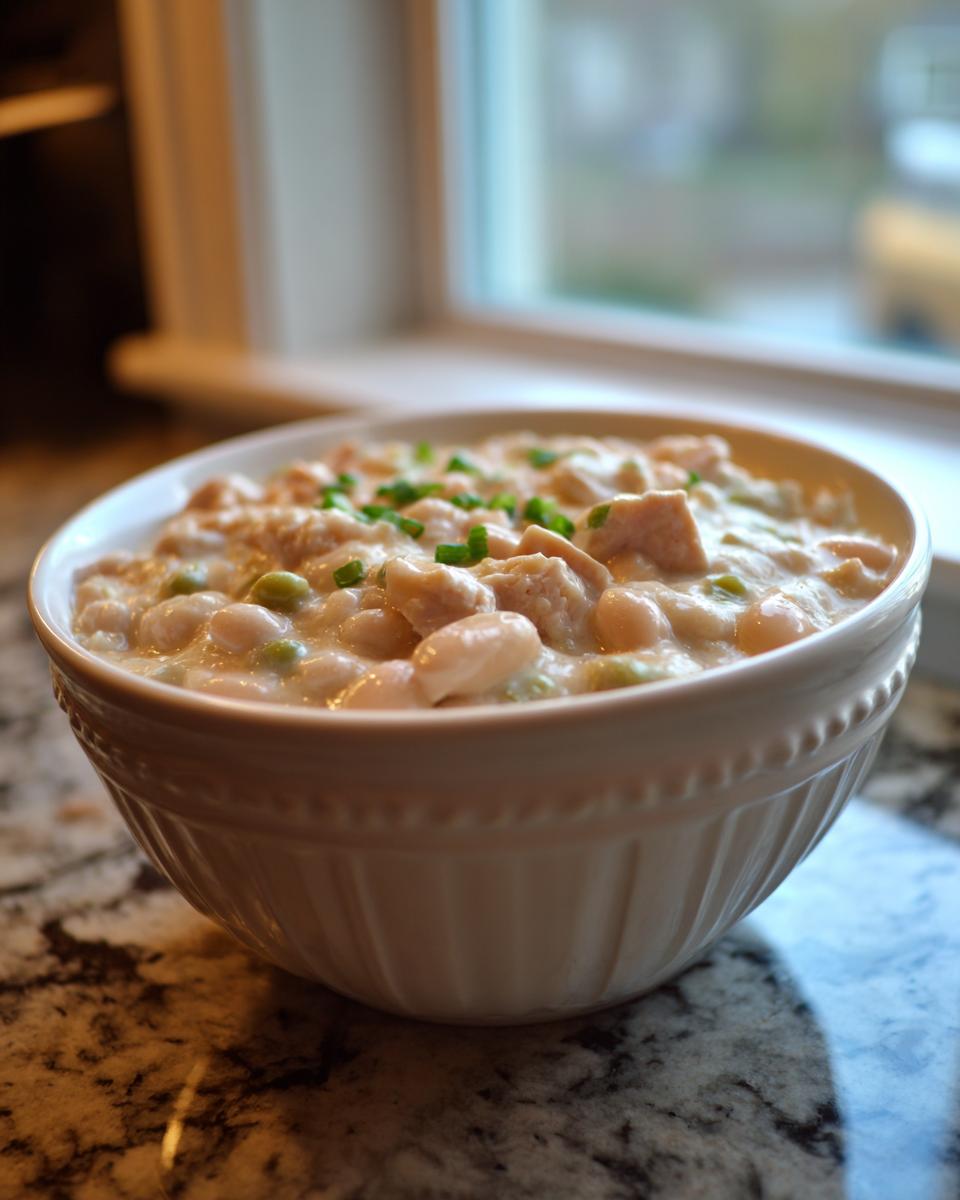 A close-up of a white bowl filled with creamy crockpot white chicken chili, topped with chopped green onions.