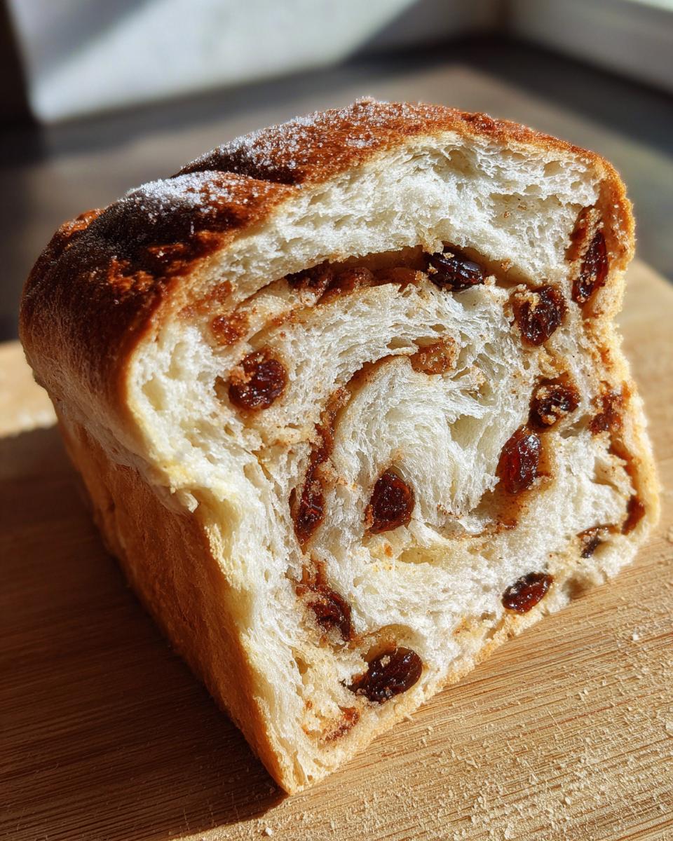 Close-up of a thick slice of homemade raisin bread showing the swirl pattern and plump raisins inside the soft white crumb.