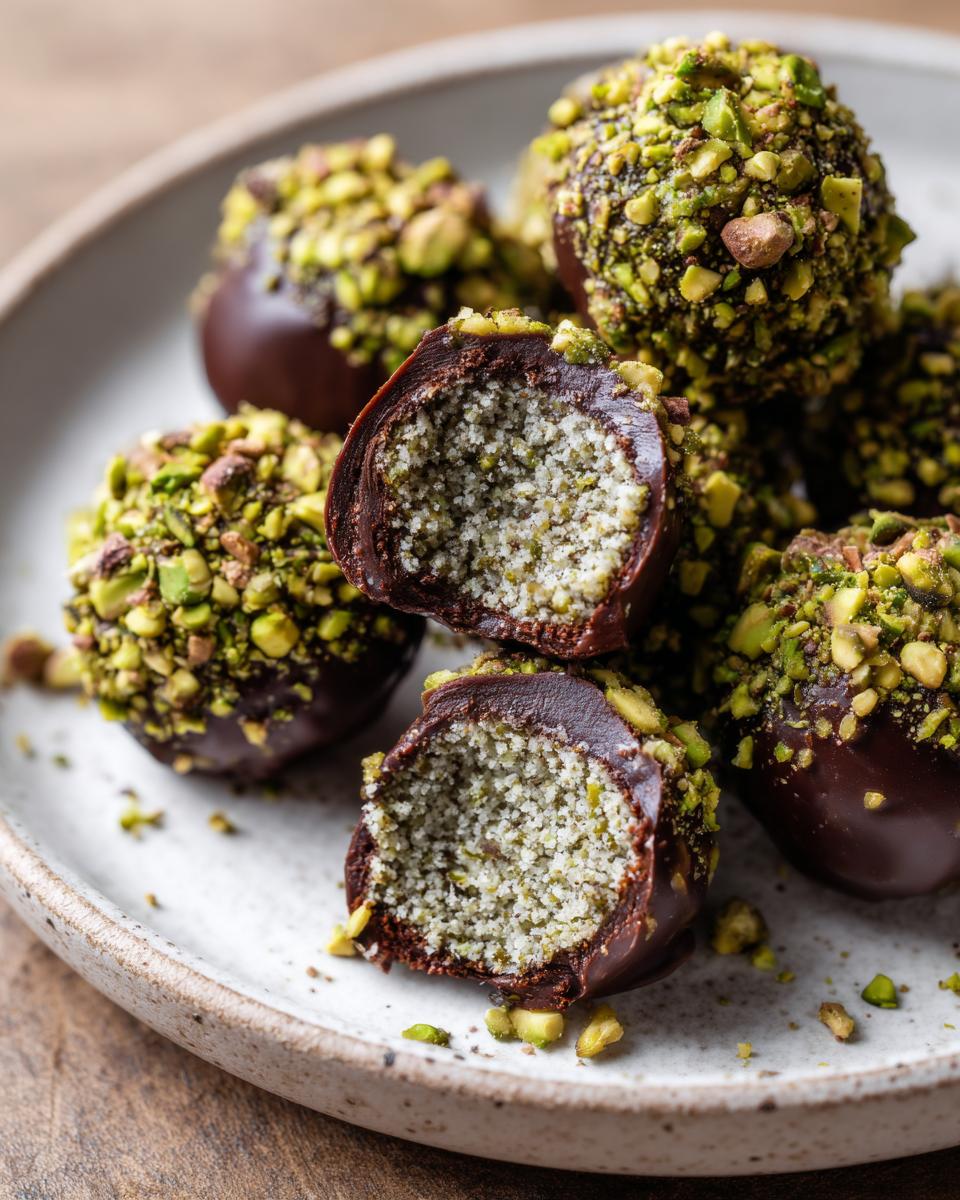 Close-up of dubai chocolate balls dipped in dark chocolate and covered in chopped pistachios, one is cut open showing the filling.