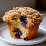 A close-up photo of a delicious blueberry muffins with a golden crumb topping, showing the moist interior and burst blueberries.
