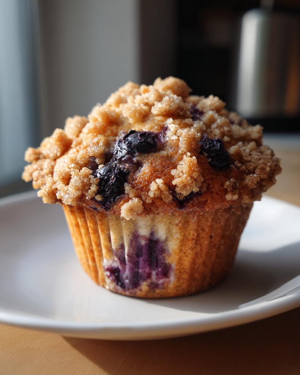 A single, perfectly baked blueberry muffin with a golden crumb topping sitting on a white plate.