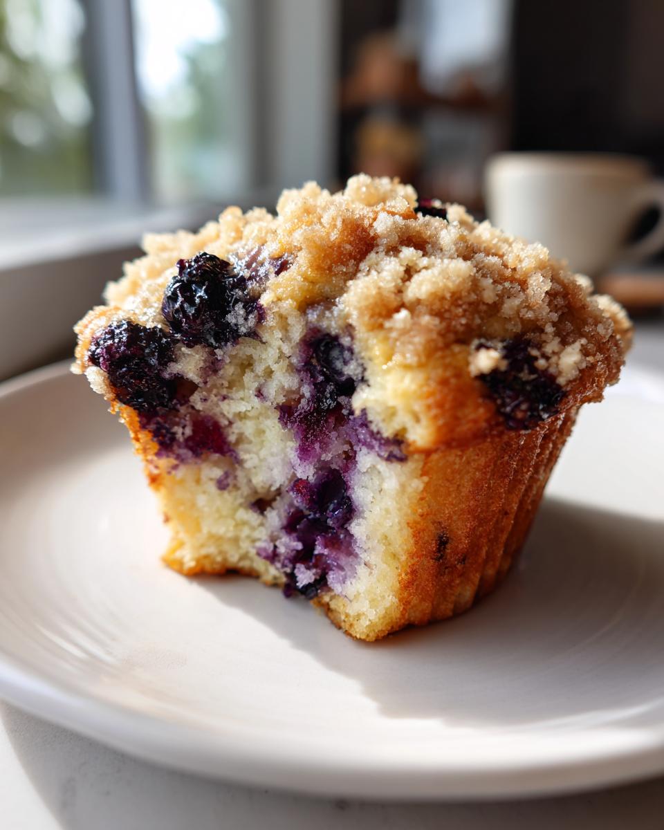 A close-up showing the moist interior of a blueberry muffin with visible purple blueberries and a crumb topping.
