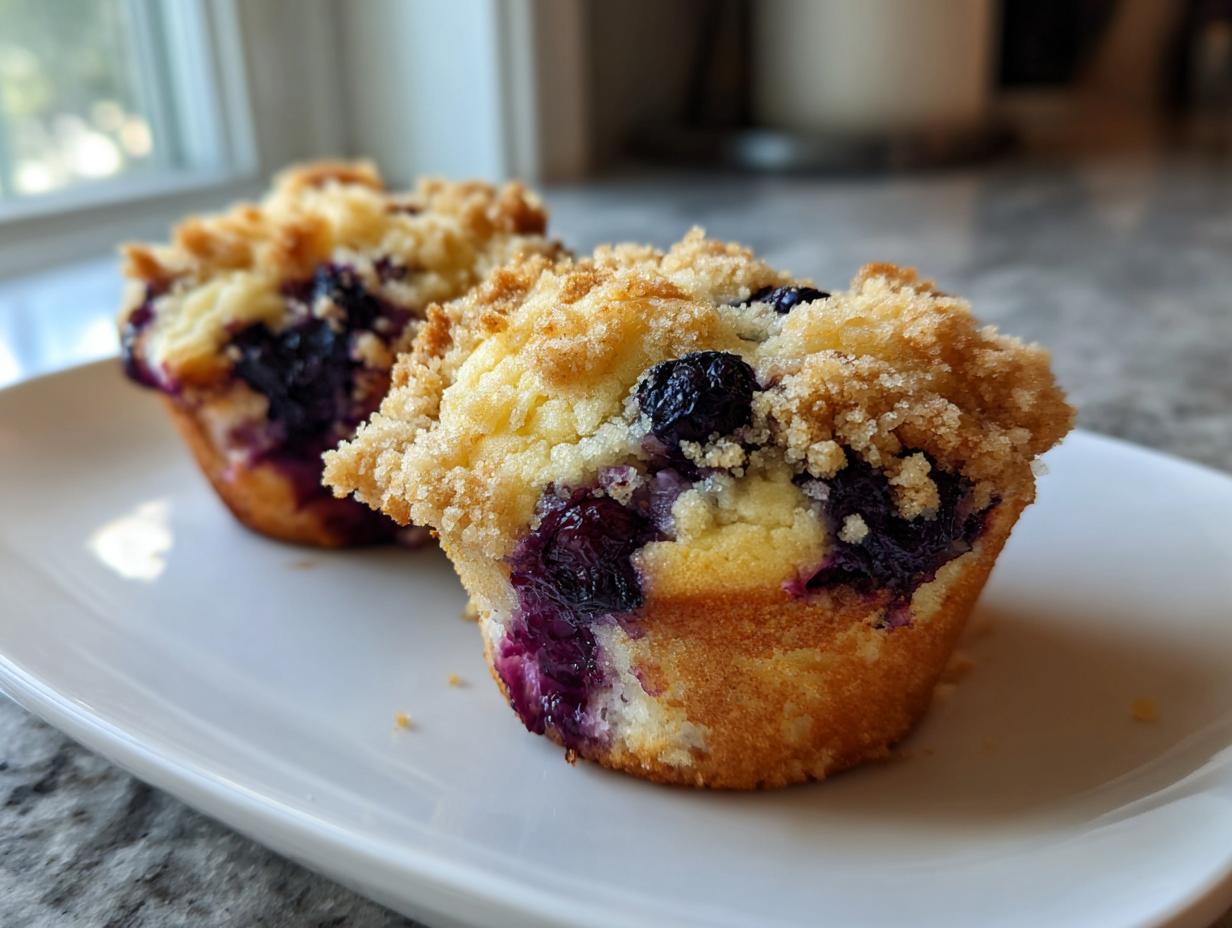 Close-up of two fresh blueberry muffins with a golden crumb topping served on a white plate.