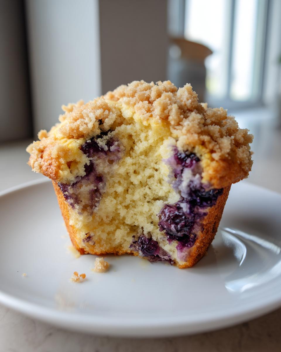 A close-up shot of a blueberry muffin with a bite taken out, showing the moist interior and crumb topping.