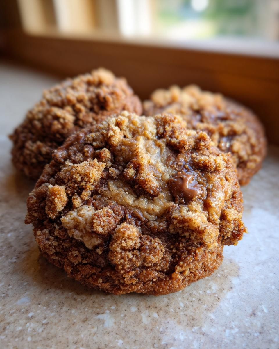 Three delicious coffee cake cookies with a thick brown sugar crumble topping, one in sharp focus.