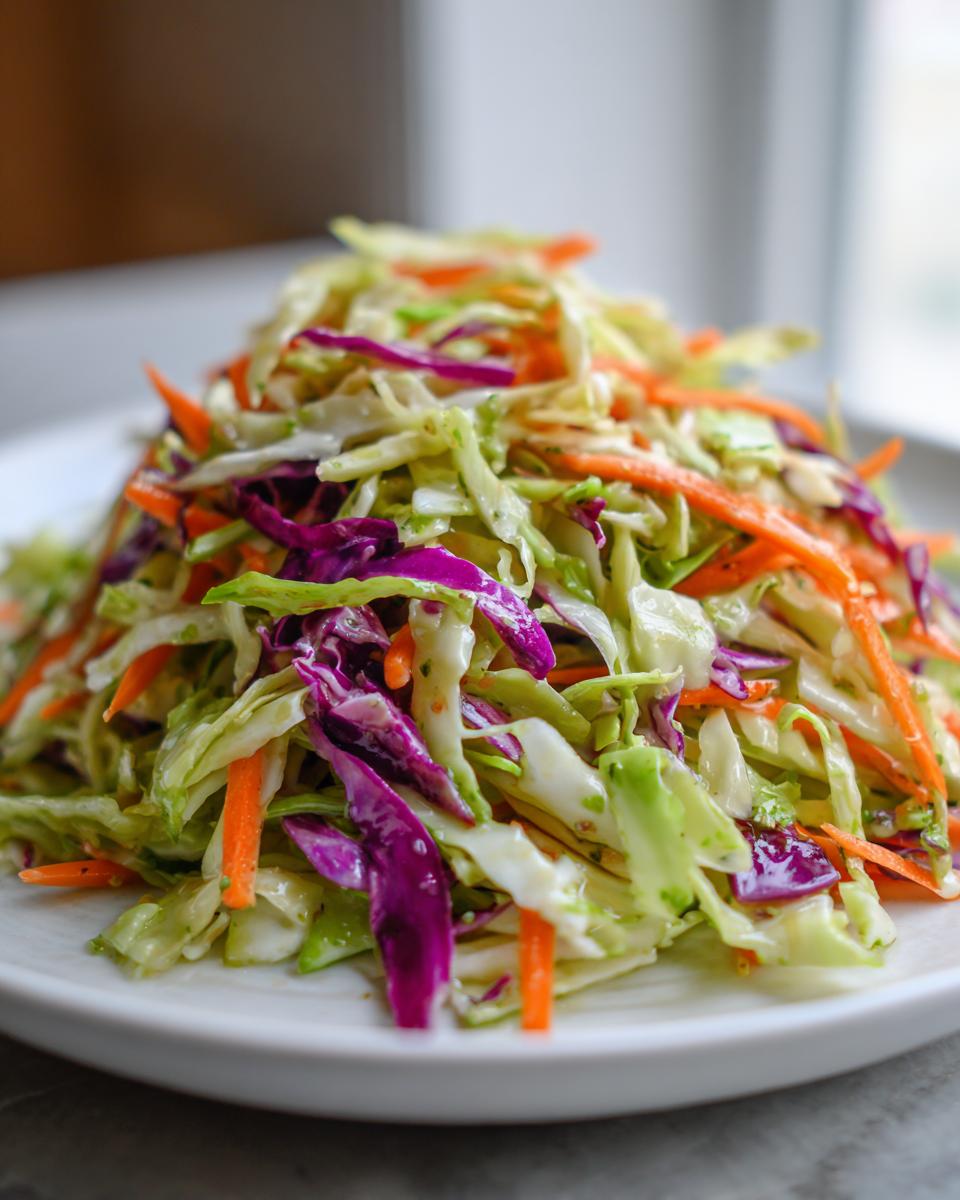A mound of fresh, crunchy cabbage salad featuring shredded green and purple cabbage mixed with bright orange carrots.