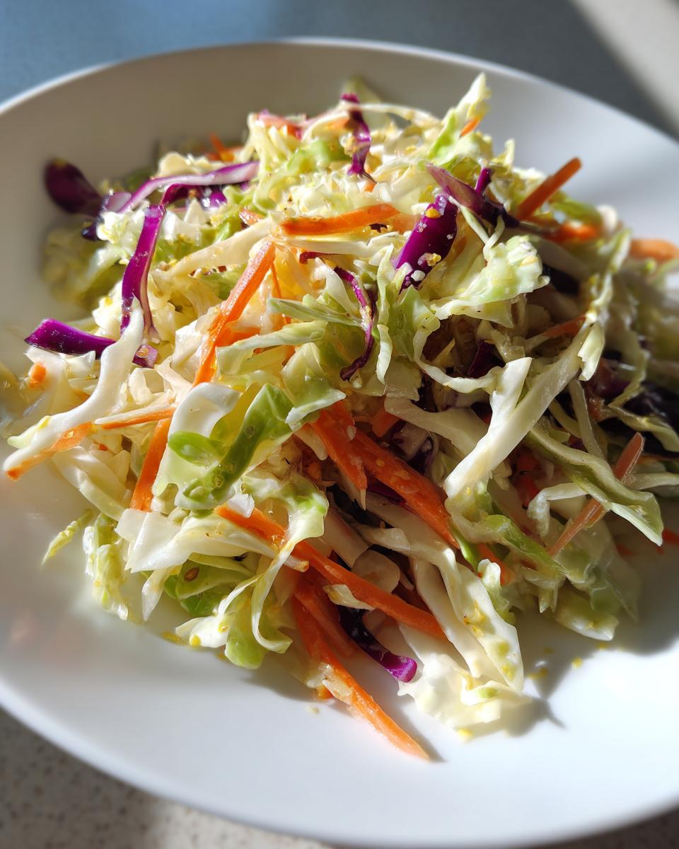 Close-up of a vibrant, crunchy cabbage salad featuring shredded green cabbage, purple cabbage, and bright orange carrots.
