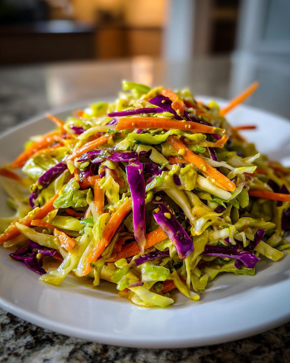 Close-up of a vibrant, crunchy cabbage salad featuring shredded green and purple cabbage and julienned carrots, lightly dressed.