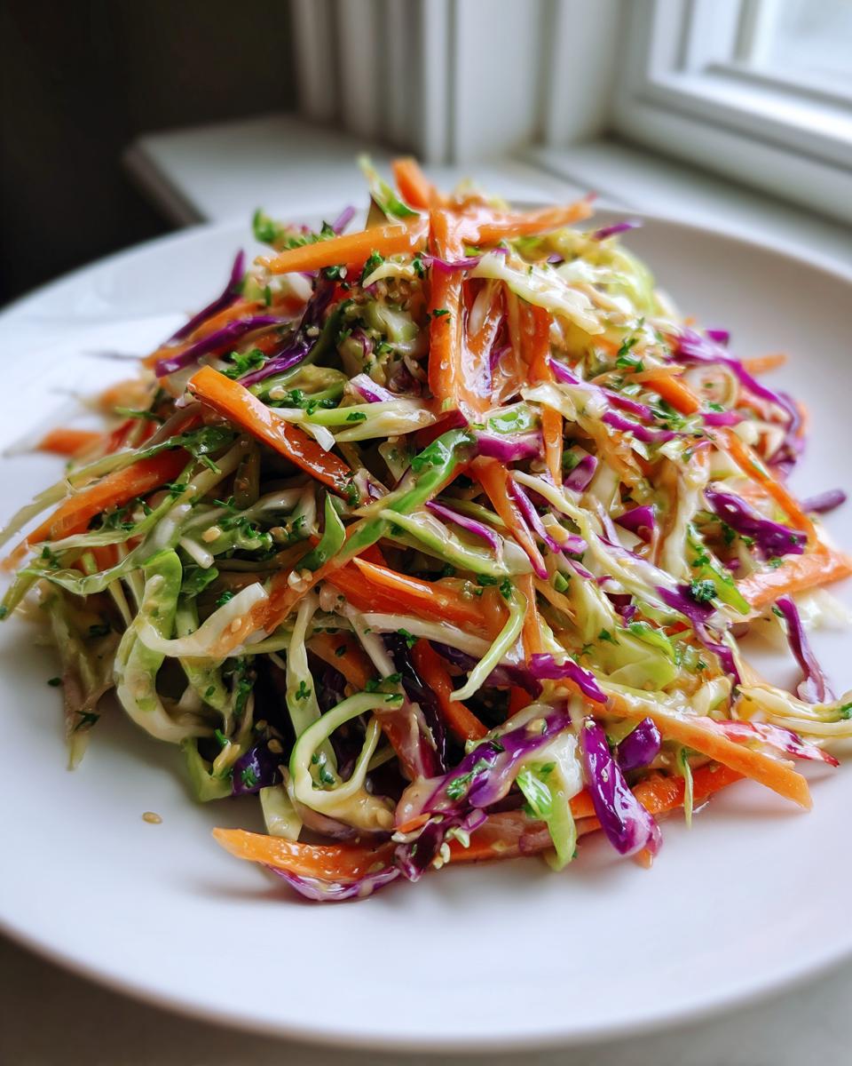 A vibrant mound of crunchy cabbage salad featuring shredded green cabbage, purple cabbage, and julienned carrots tossed in a light dressing.