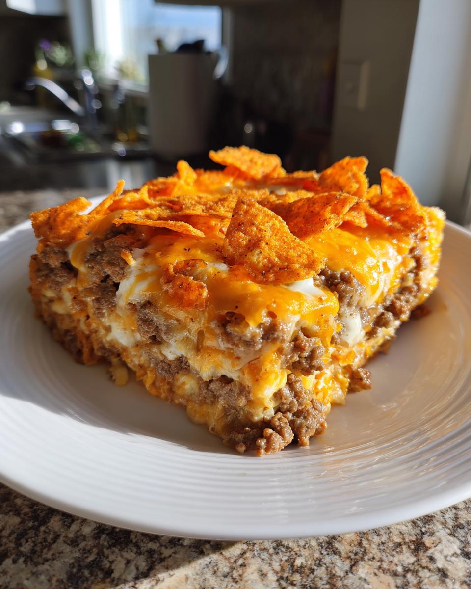 A hearty slice of Dorito Casserole featuring layers of ground meat, cheese, and a crunchy topping of Nacho Cheese Doritos.