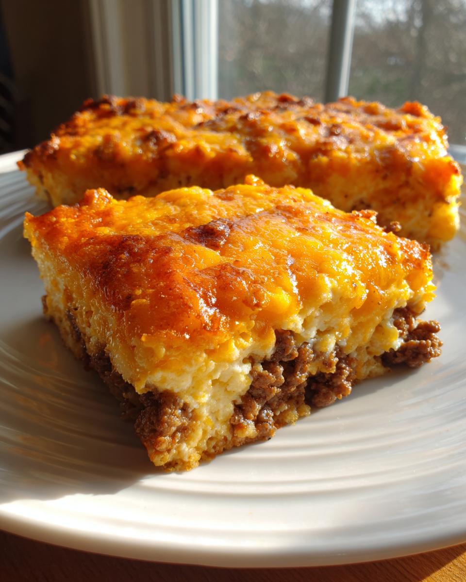 A close-up slice of Dorito Casserole showing layers of seasoned ground meat and a thick, golden-brown cheesy topping.