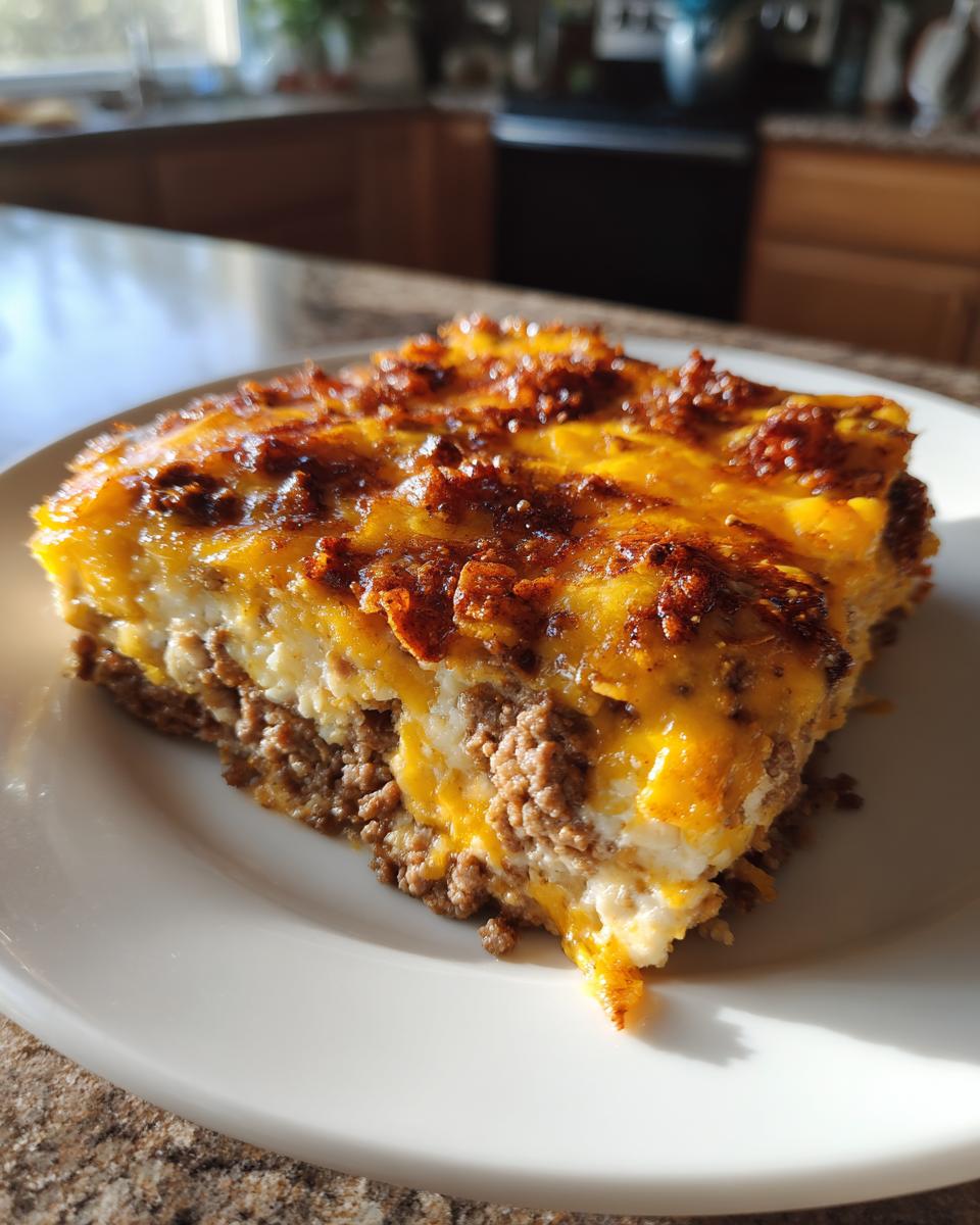 A thick slice of Dorito Casserole featuring layers of ground meat, creamy filling, and a baked, bubbly cheese topping.