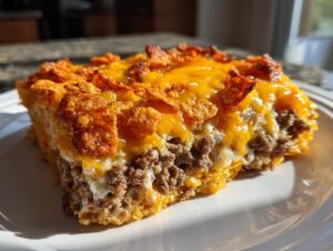 A close-up slice of Dorito Casserole showing layers of ground beef, creamy sauce, melted cheddar cheese, and a crunchy Dorito topping.