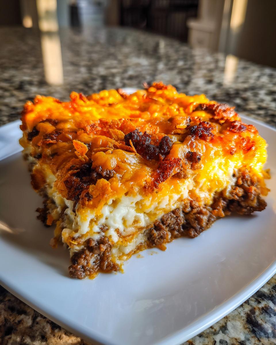 A close-up of a hearty slice of Dorito Casserole showing layers of seasoned ground beef, creamy sauce, and a melted, cheesy, crunchy Dorito topping.