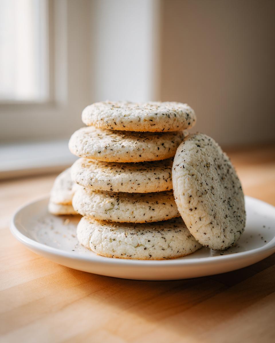 A stack of round, pale Earl Grey cookies speckled with tea leaves, resting on a white plate.