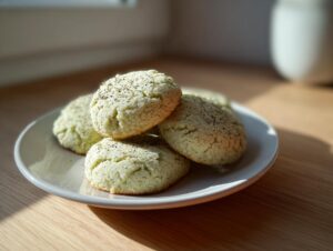 A small stack of soft, pale green Earl Grey cookies sprinkled with tea leaves on a white plate.