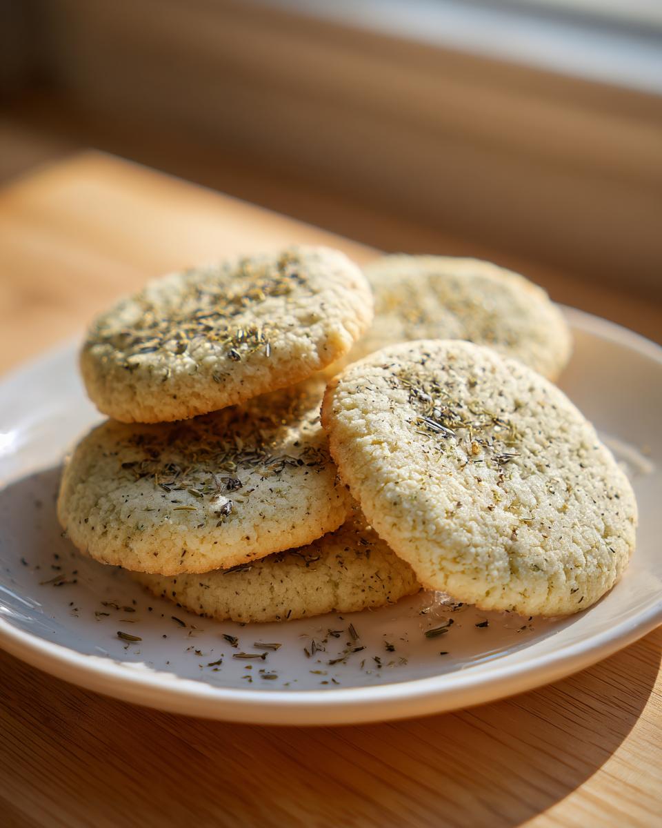 A stack of light-colored earl grey cookies topped with visible dried tea leaves, resting on a white plate.