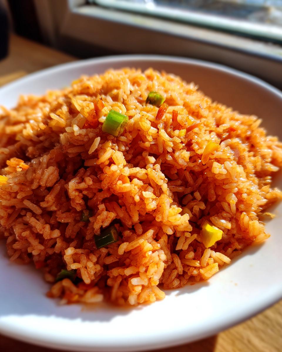 A close-up, brightly lit photo of a serving of vibrant orange spanish rice garnished with green onions.