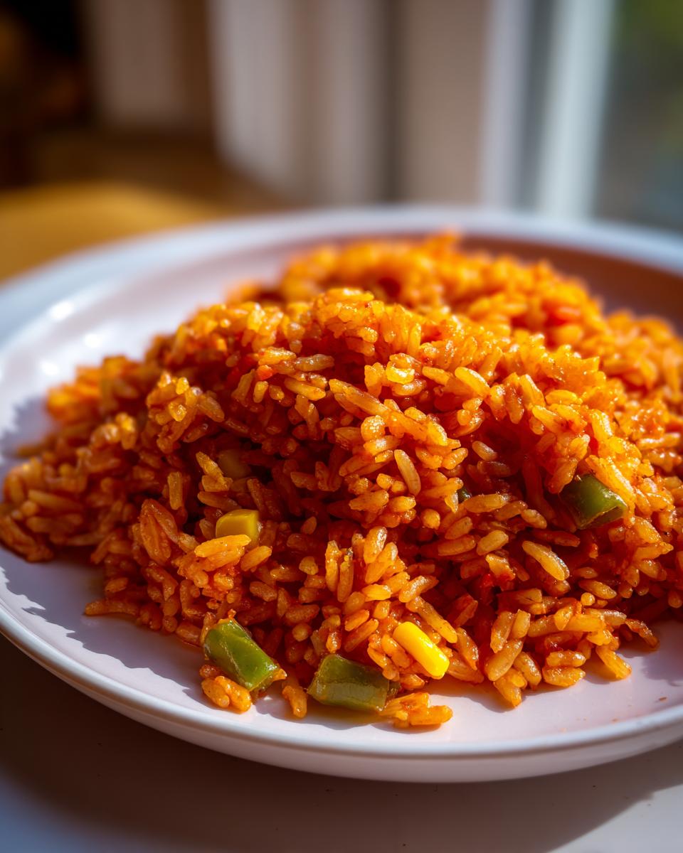 A close-up, brightly lit serving of vibrant orange spanish rice mixed with green peppers and corn kernels on a white plate.