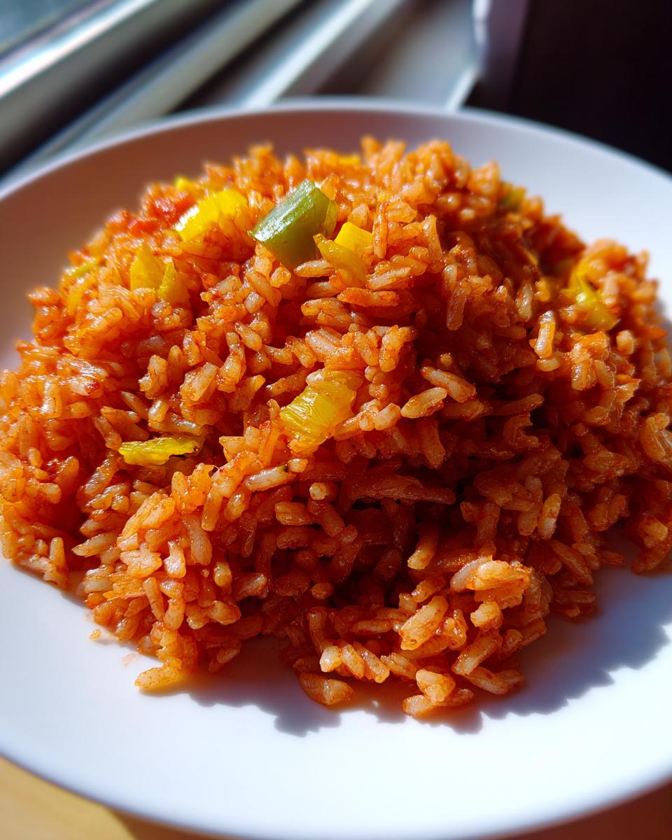 A close-up of fluffy, reddish-orange spanish rice mixed with visible chunks of yellow and green bell peppers served on a white plate.