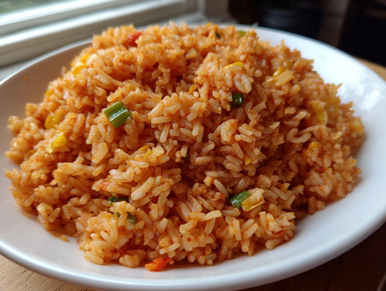 Close-up of a generous serving of vibrant orange spanish rice mixed with visible bits of corn and green onion.