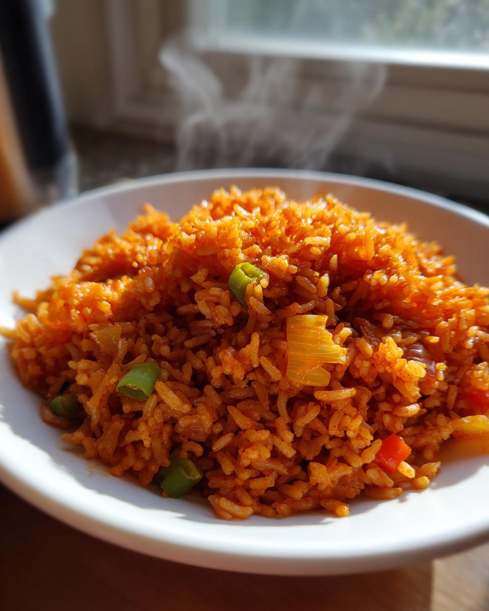 Close-up of a white bowl filled with steaming, vibrant orange spanish rice mixed with visible pieces of green and red peppers.
