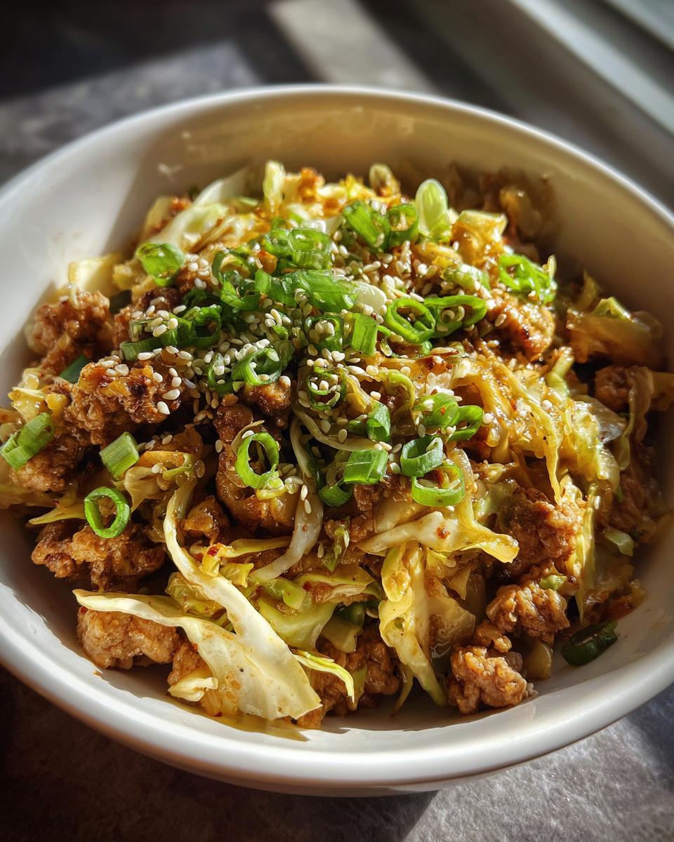 A close-up of a white bowl filled with savory egg roll in a bowl mixture, topped with green onions and sesame seeds.