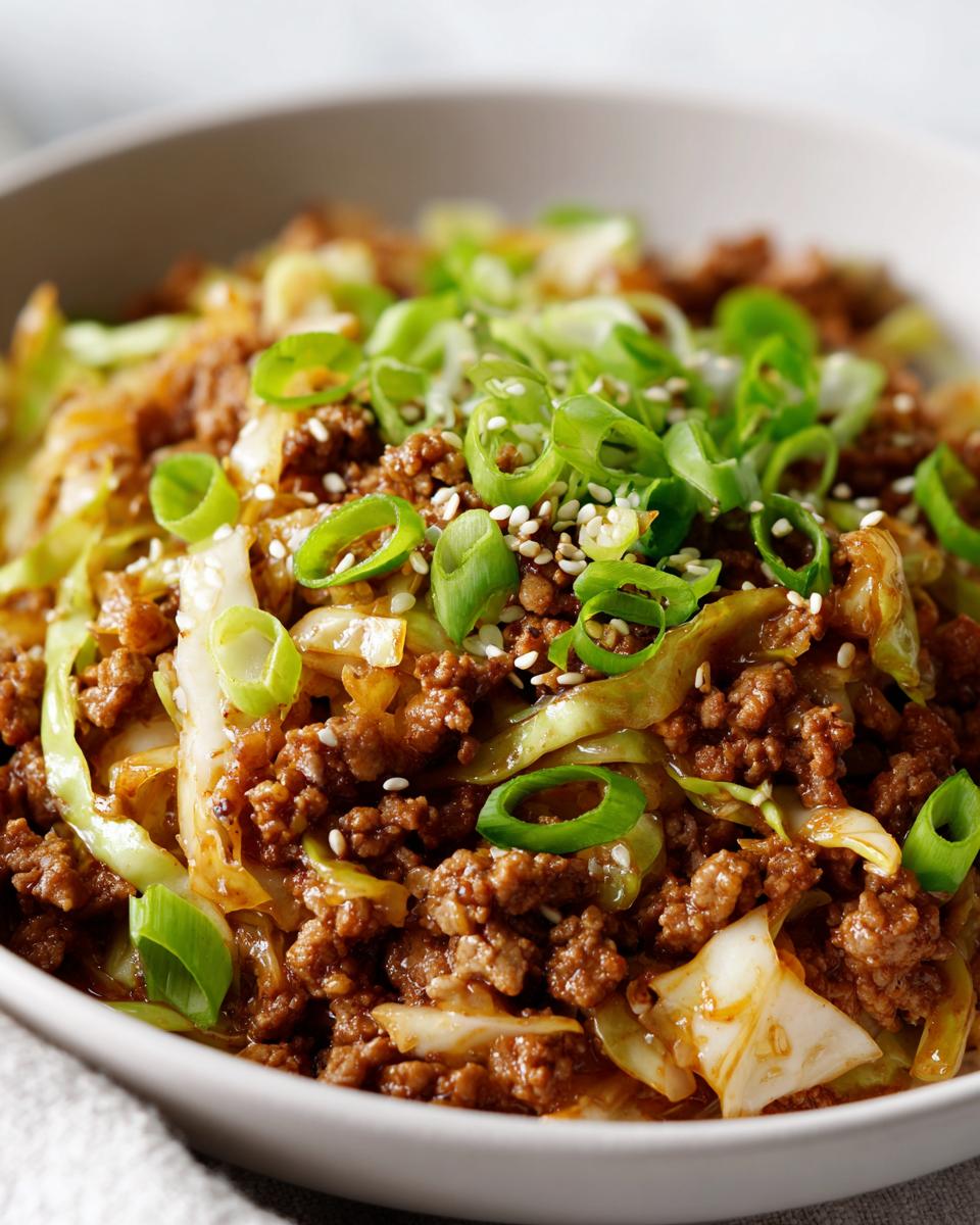 A close-up of a serving of egg roll in a bowl featuring ground meat, sautéed cabbage, topped with green onions and sesame seeds.