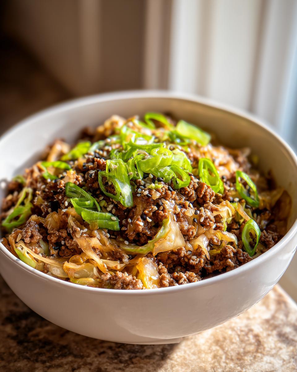 Close-up of a white bowl filled with savory egg roll in a bowl mixture, topped with green onions and sesame seeds.