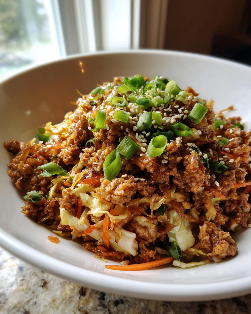 A close-up of a hearty serving of egg roll in a bowl, featuring ground meat, cabbage, and carrots, topped with fresh green onions and sesame seeds.