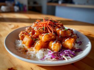 A close-up of a white bowl filled with white rice, topped with crispy, sauced salmon pieces for Bang bang salmon bowls, drizzled with white sauce and garnished with shredded carrots and cabbage.