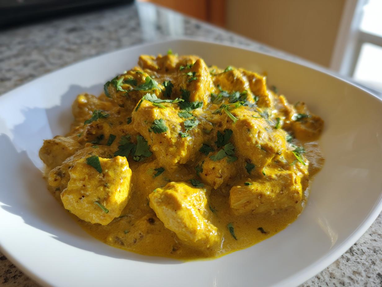 A close-up of savory coconut chicken pieces coated in a rich, yellow coconut sauce and garnished with fresh cilantro.
