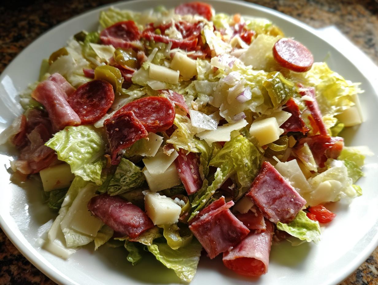 Close-up of a hearty grinder salad featuring chopped lettuce, salami, ham, cheese cubes, and pepperoncini.