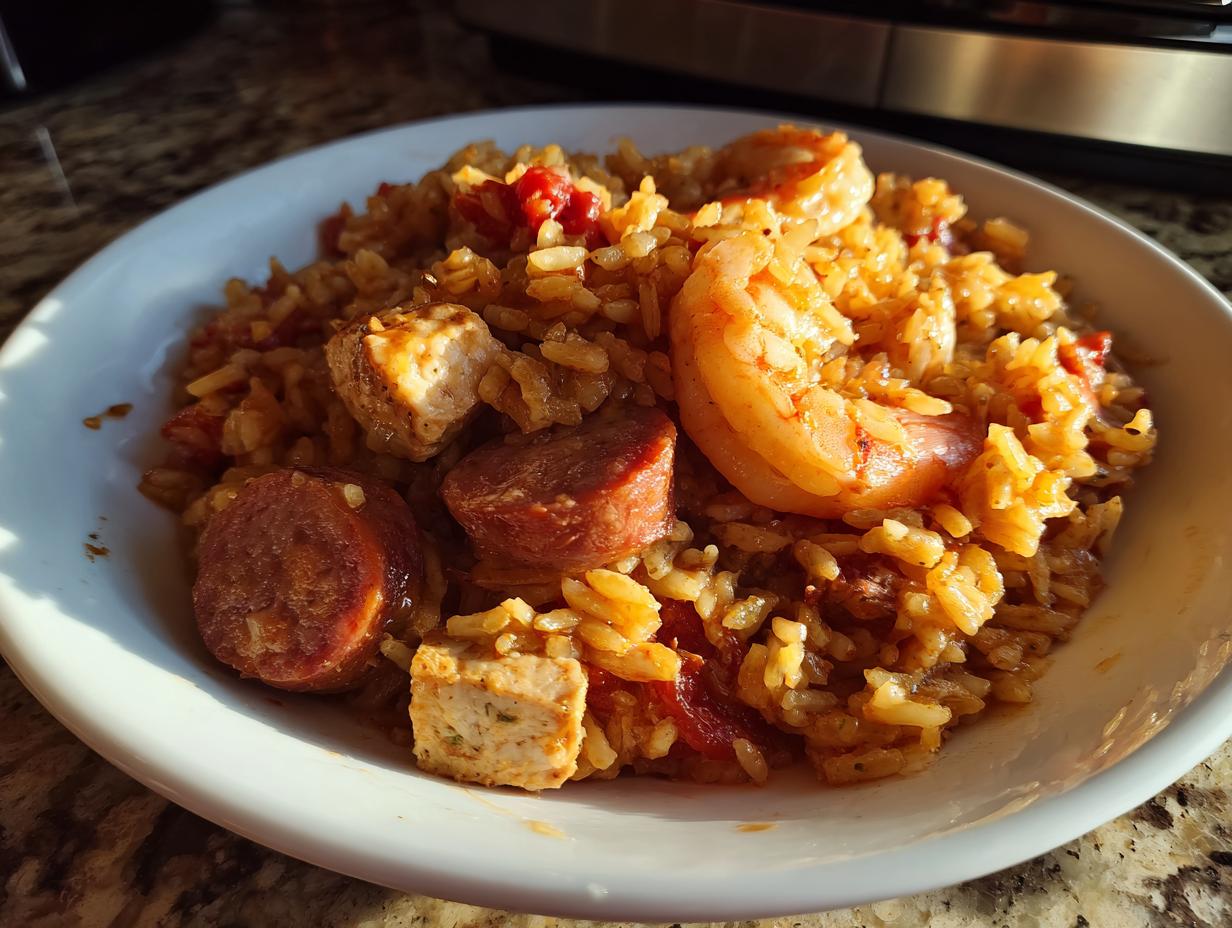 A close-up serving of flavorful jambalaya featuring rice, shrimp, sausage slices, and chicken chunks in a white bowl.