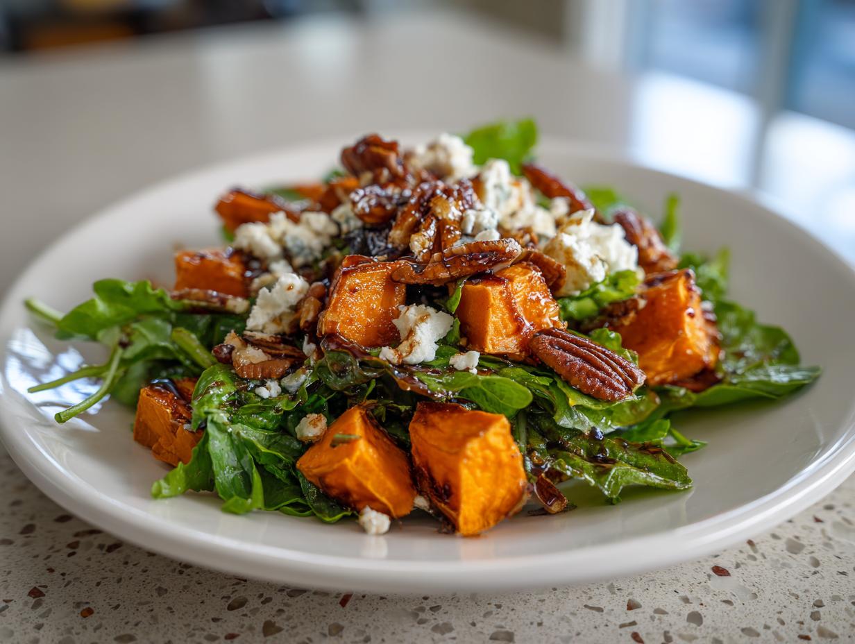 Close-up of a vibrant sweet potato salad featuring roasted sweet potato chunks, pecans, blue cheese crumbles, and greens drizzled with balsamic glaze.