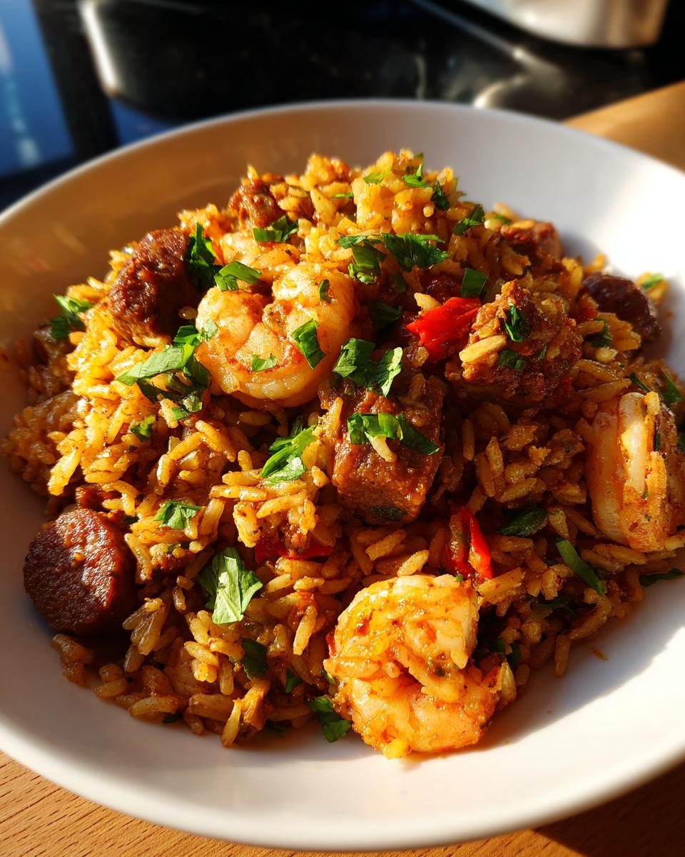 A close-up of a white bowl filled with rich, seasoned jambalaya featuring shrimp, sausage, and garnished with fresh parsley.