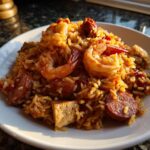 A close-up serving of rich, orange-hued jambalaya featuring plump shrimp, sliced sausage, and tofu cubes on a white plate.
