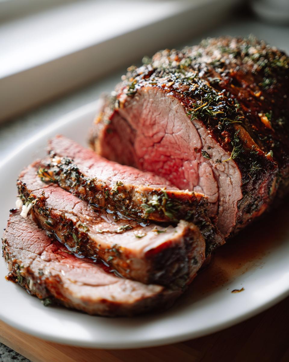 Close-up of a juicy, medium-rare pork loin roast, sliced and covered in a savory herb crust, resting on a white platter.