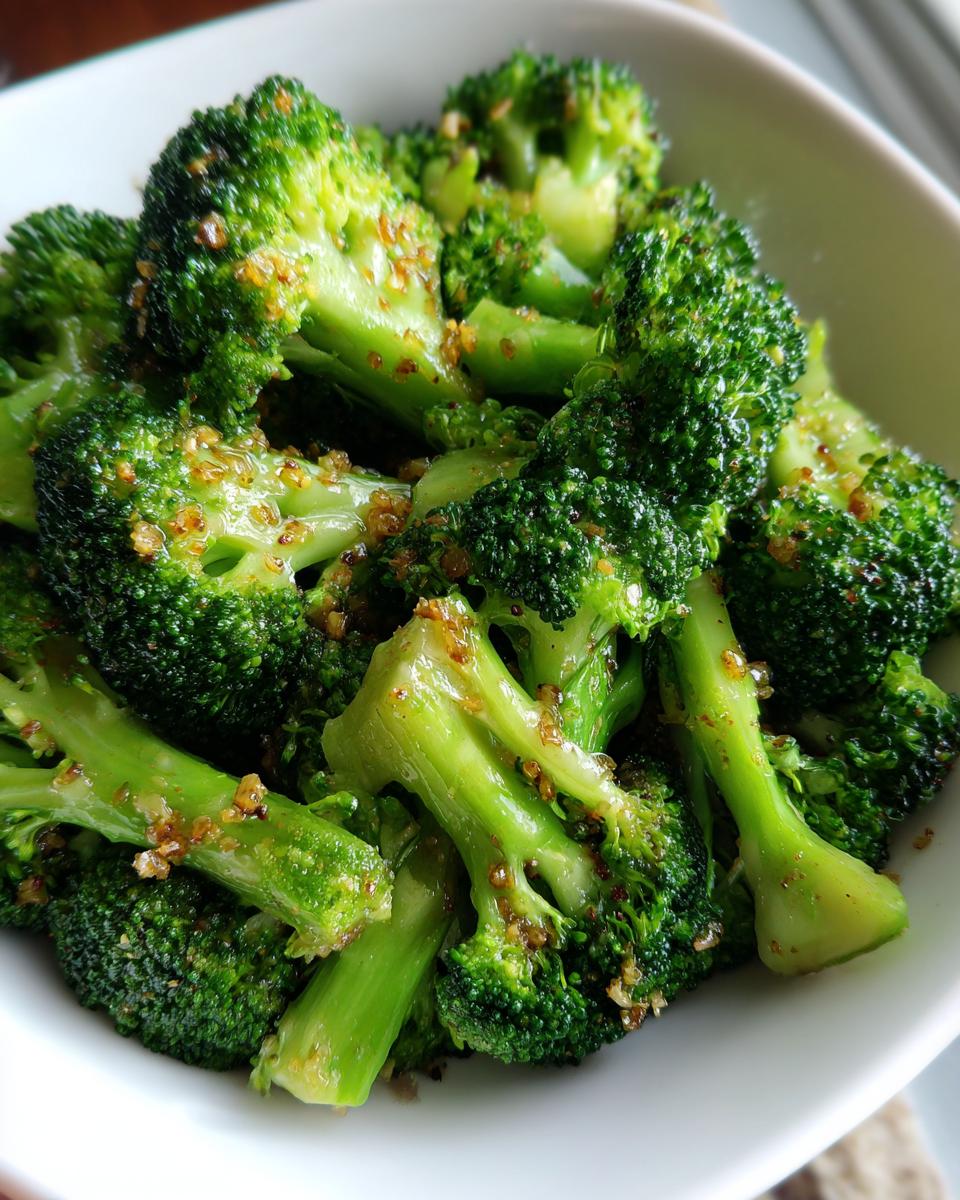 Close-up of vibrant green steamed broccoli florets seasoned with browned garlic bits in a white bowl.