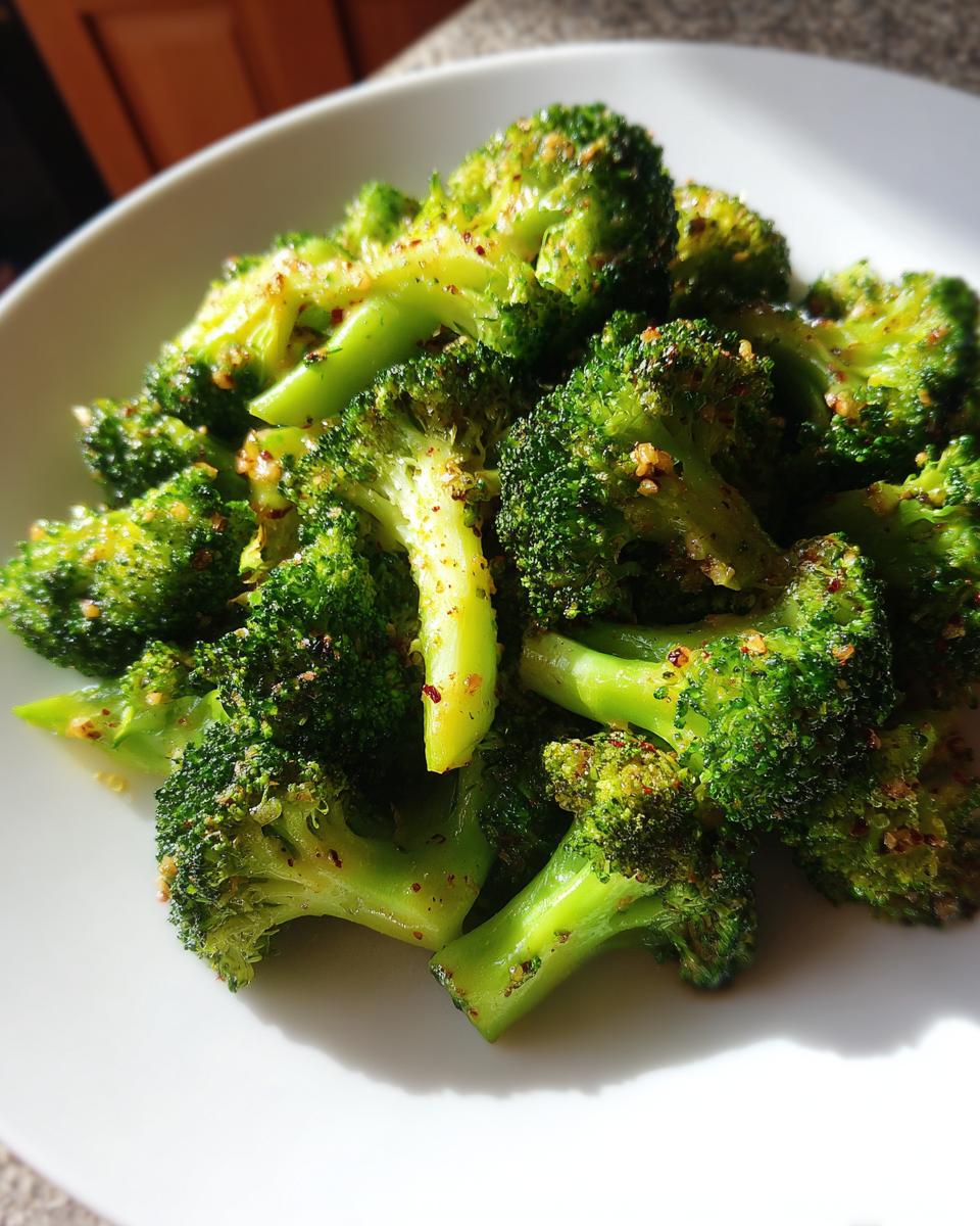 Close-up of bright green, perfectly steamed broccoli seasoned with spices, served on a white plate.