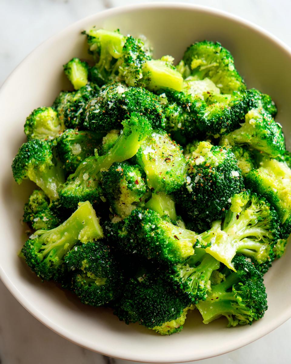 Close-up of bright green steamed broccoli florets seasoned with salt, pepper, and herbs in a light beige bowl.