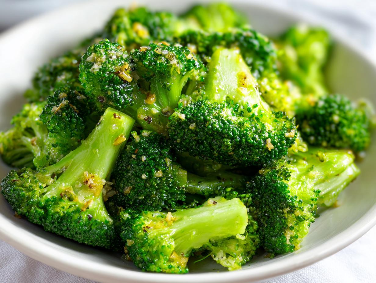 Close-up of vibrant green steamed broccoli florets tossed with garlic and seasoning in a white bowl.